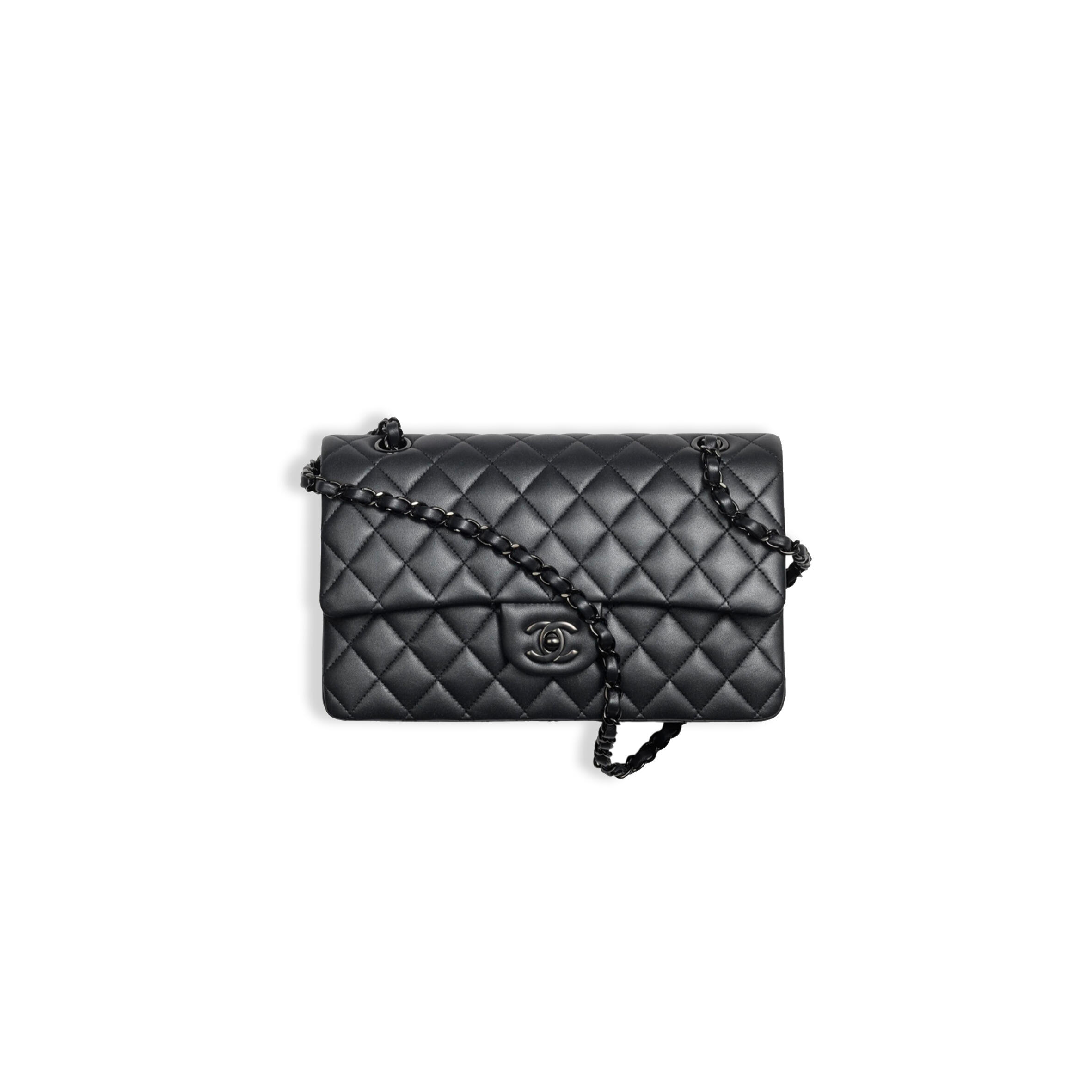 CHANEL MEDIUM CLASSIC DOUBLE FLAP BAG SO BLACK LAMBSKIN BLACK HARDWARE 1109944 (25*15*7cm)